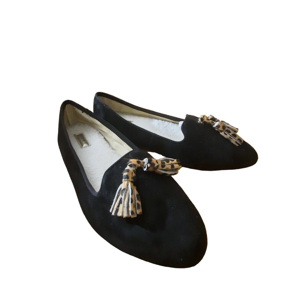 Birdies The Lark Womens Faux Shearling Footbed Black Leather Upper Flats Size 8